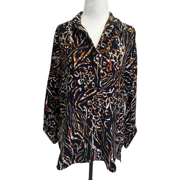 Joseph Ribkoff Black Brown Henley Blouse Long Sleeve Size 10 - Picture 3 of 10